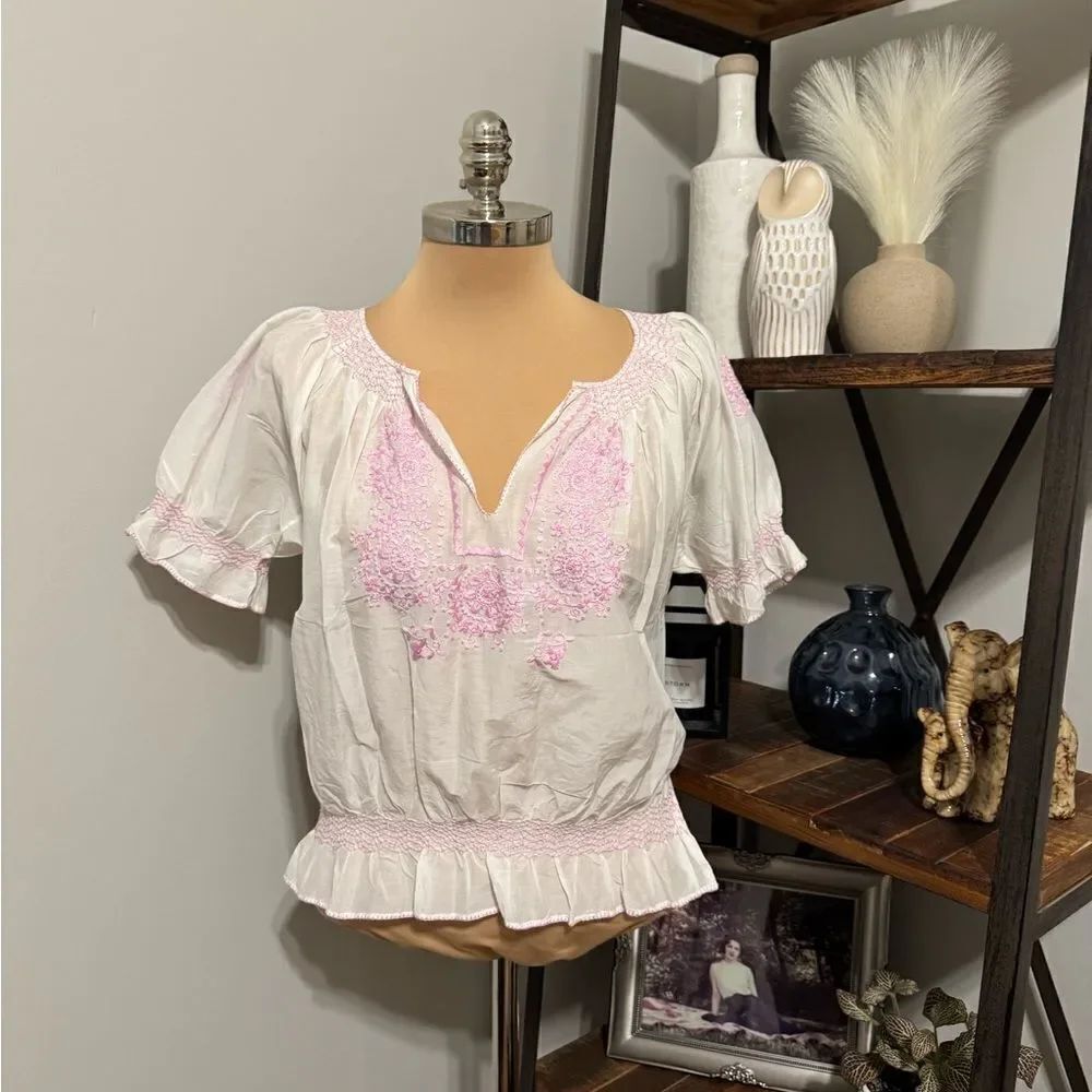 NWT CJ Laing Emma Cotton/Silk Blend Embroidered Bohemian Blouse Top SIZE LRG